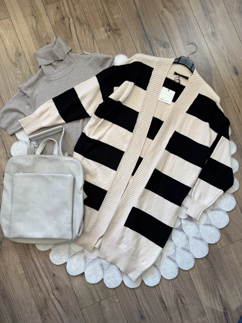 Bézs csíkos hosszú kardigán