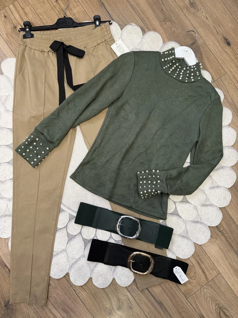 Khaki gyöngyös Audrey pulóver