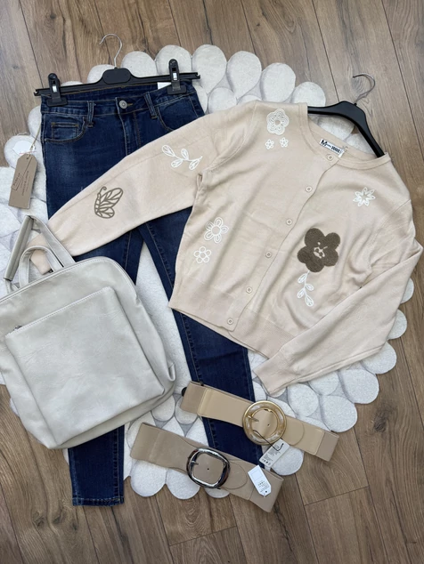 Bézs virágos hímzett kardigán