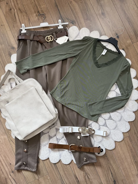 Khaki csipkés hosszú ujjú felső