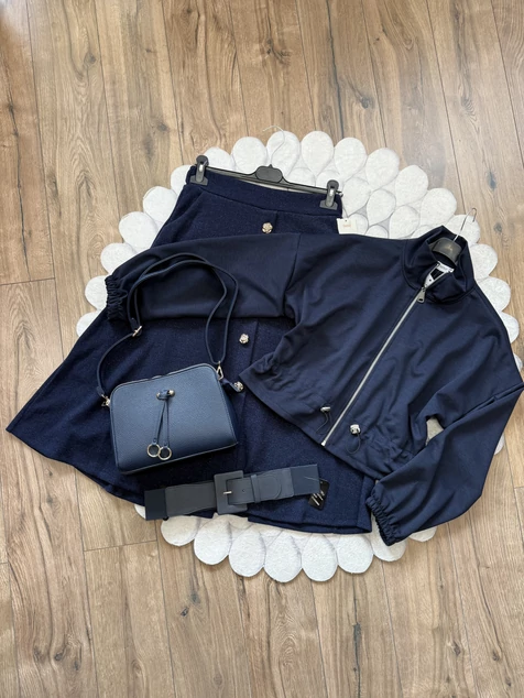 Sötétkék fodros cipzáras pulóver Sötétkék fodros cipzáras pulóver