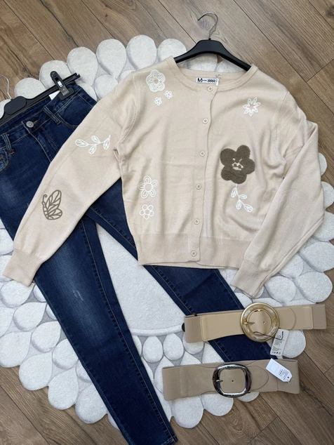 Bézs virágos hímzett kardigán