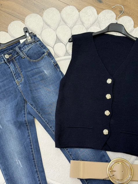 Sötétkék díszgombos mellény