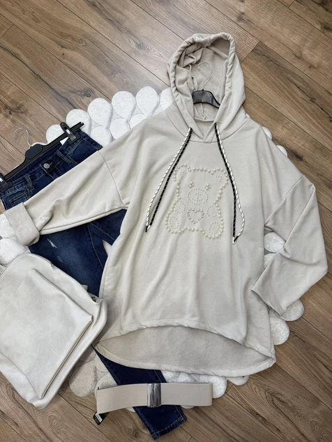 Bézs gyöngyös Teddy pamut pulóver