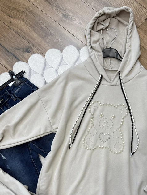 Bézs gyöngyös Teddy pamut pulóver