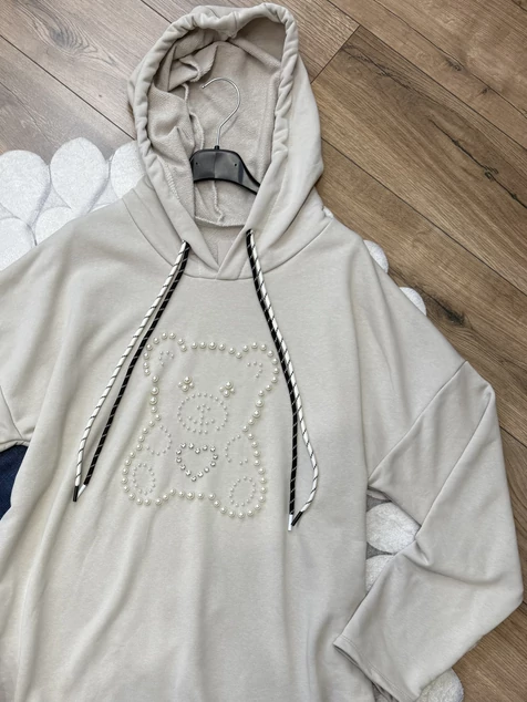 Bézs gyöngyös Teddy pamut pulóver