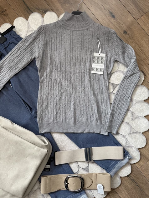 Szürke nyomott mintás félgarbós pulóver